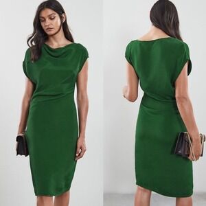 REISS Emerald Green Lore Capped Sleeve Pleated Detailing Knee Length Dress - 4